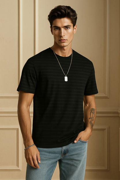 Striped Men Round Neck Polycotton Black T-Shirt