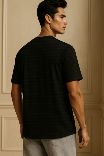 Striped Men Round Neck Polycotton Black T-Shirt