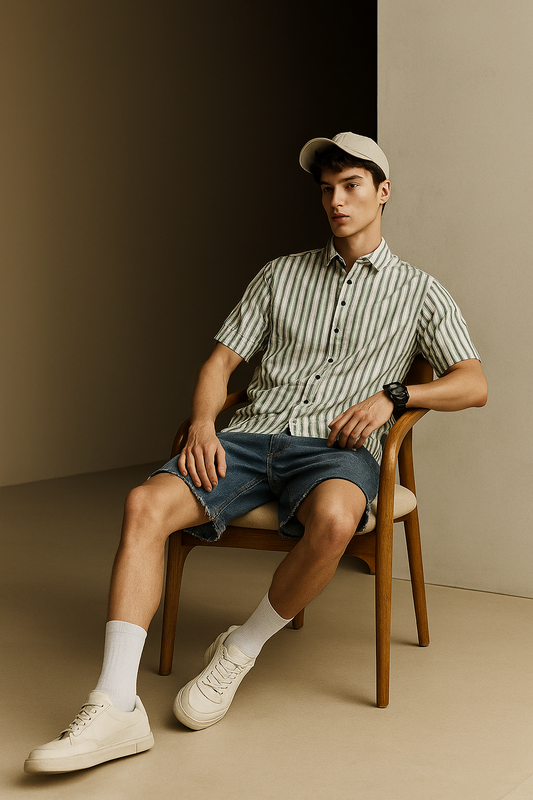 Men Striped Polo Neck Polycotton Light Green, White T-Shirt