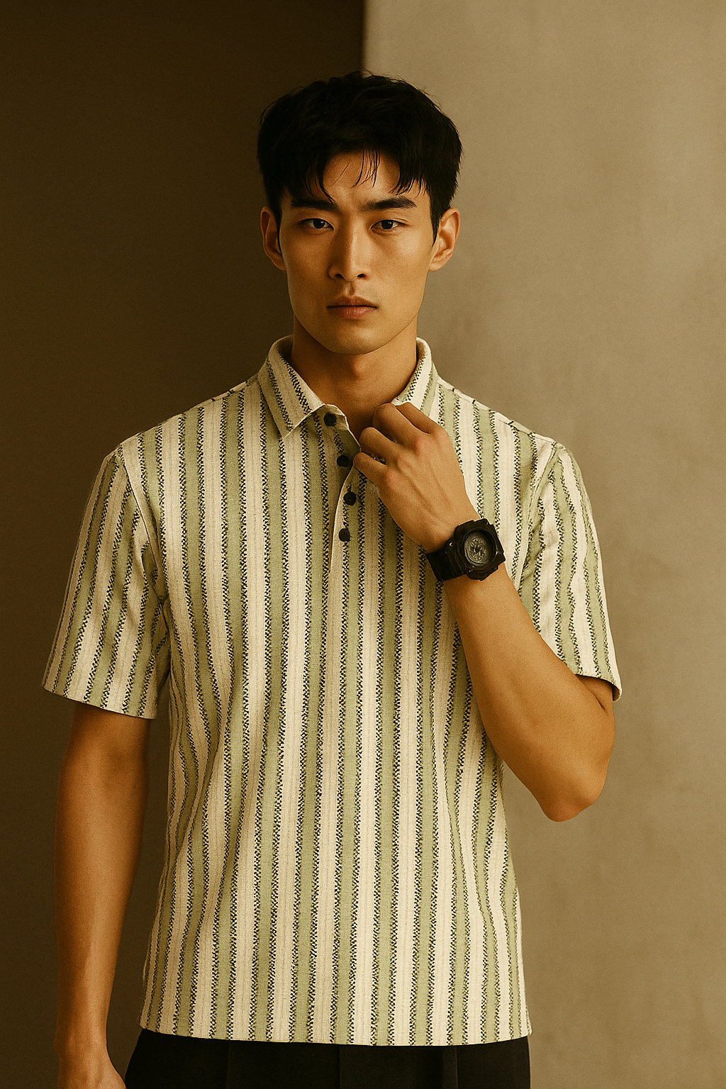 Men Striped Polo Neck Polycotton Light Green, White T-Shirt