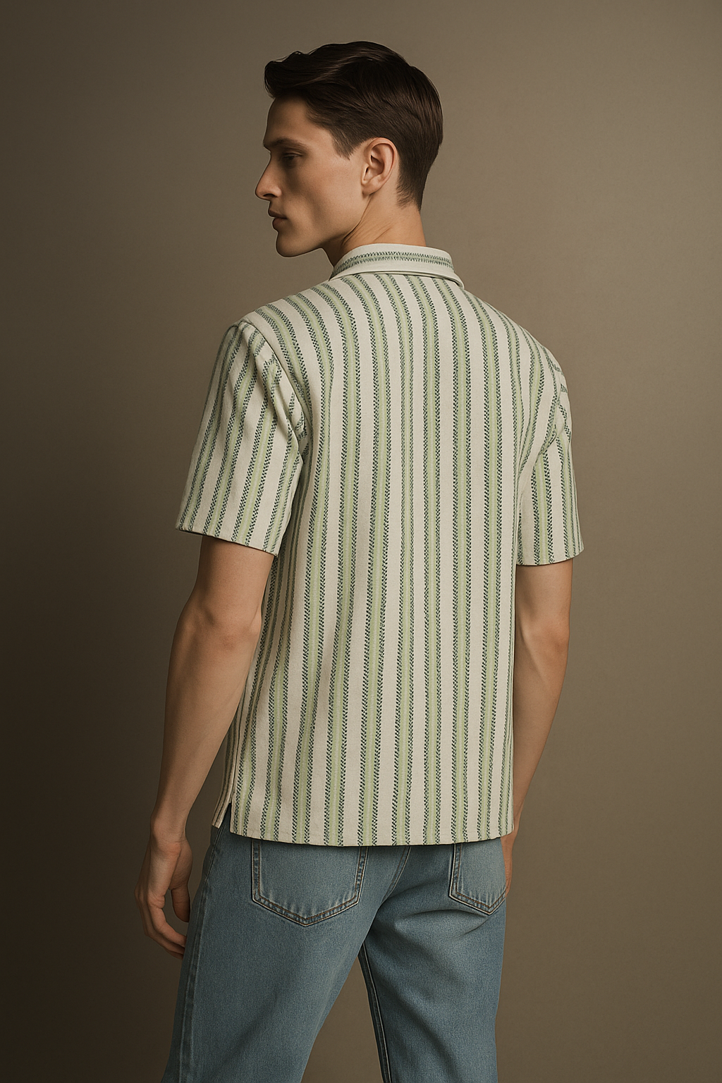 Men Striped Polo Neck Polycotton Light Green, White T-Shirt