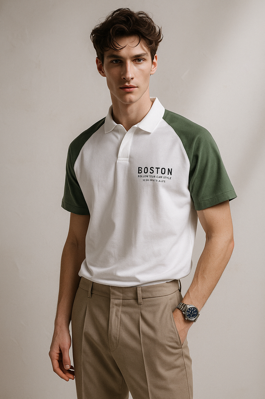 Men Printed Polo Neck Pure Cotton White, Green T-Shirt