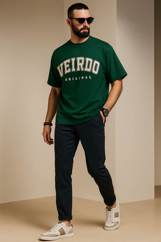 Oversized Men Printed, Typography Round Neck Pure Cotton Green T-Shirt