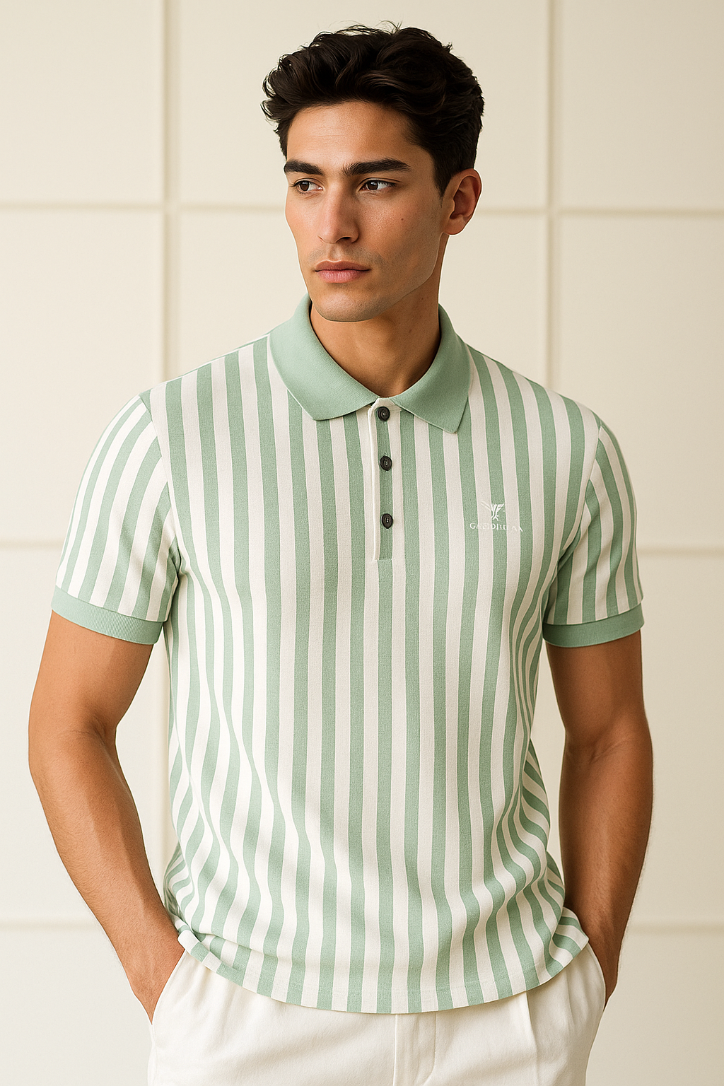 Men Striped Polo Neck Polyester Green T-Shirt
