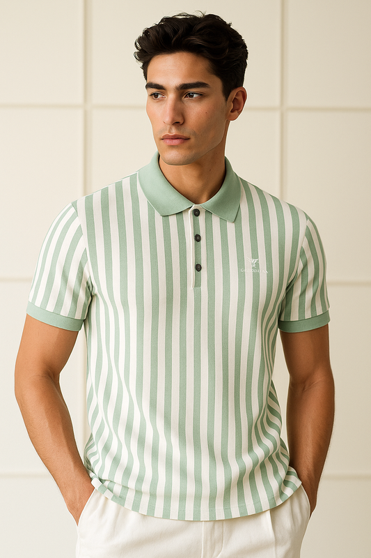 Men Striped Polo Neck Polyester Green T-Shirt