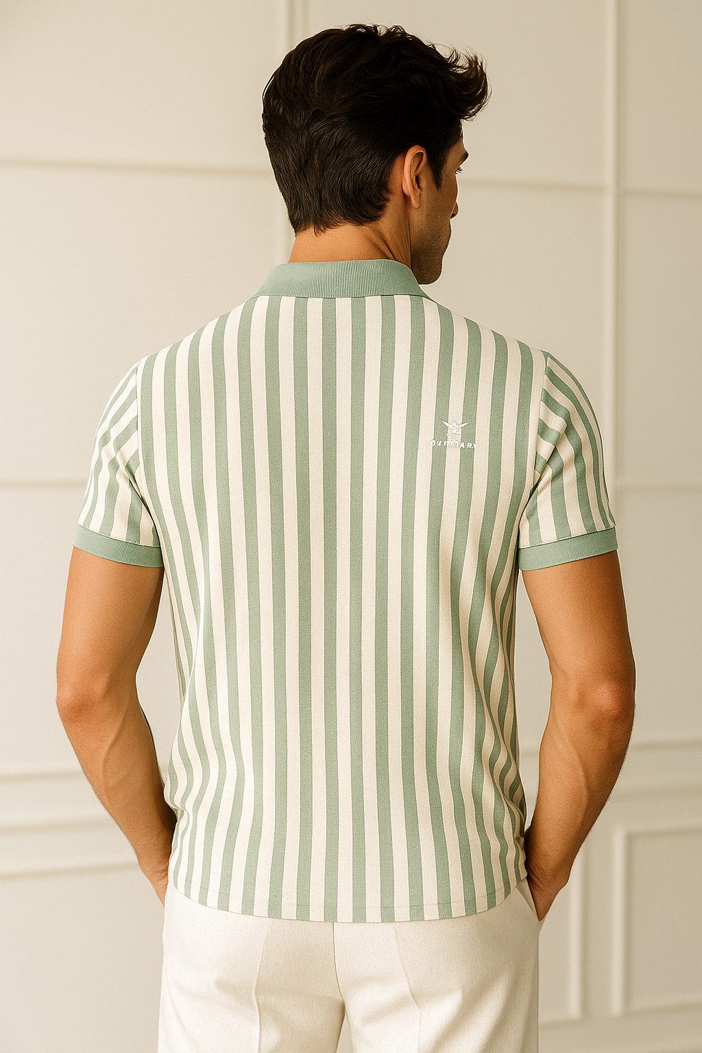 Men Striped Polo Neck Polyester Green T-Shirt