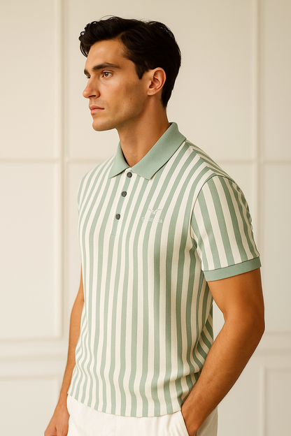 Men Striped Polo Neck Polyester Green T-Shirt