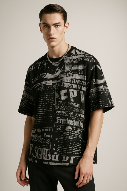 Men Printed Round Neck Pure Cotton Black T-Shirt