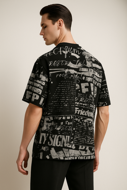 Men Printed Round Neck Pure Cotton Black T-Shirt