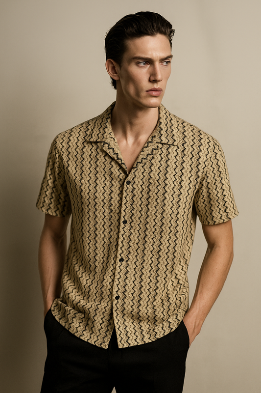 Men Regular Fit Striped Lapel Collar Casual Shirt