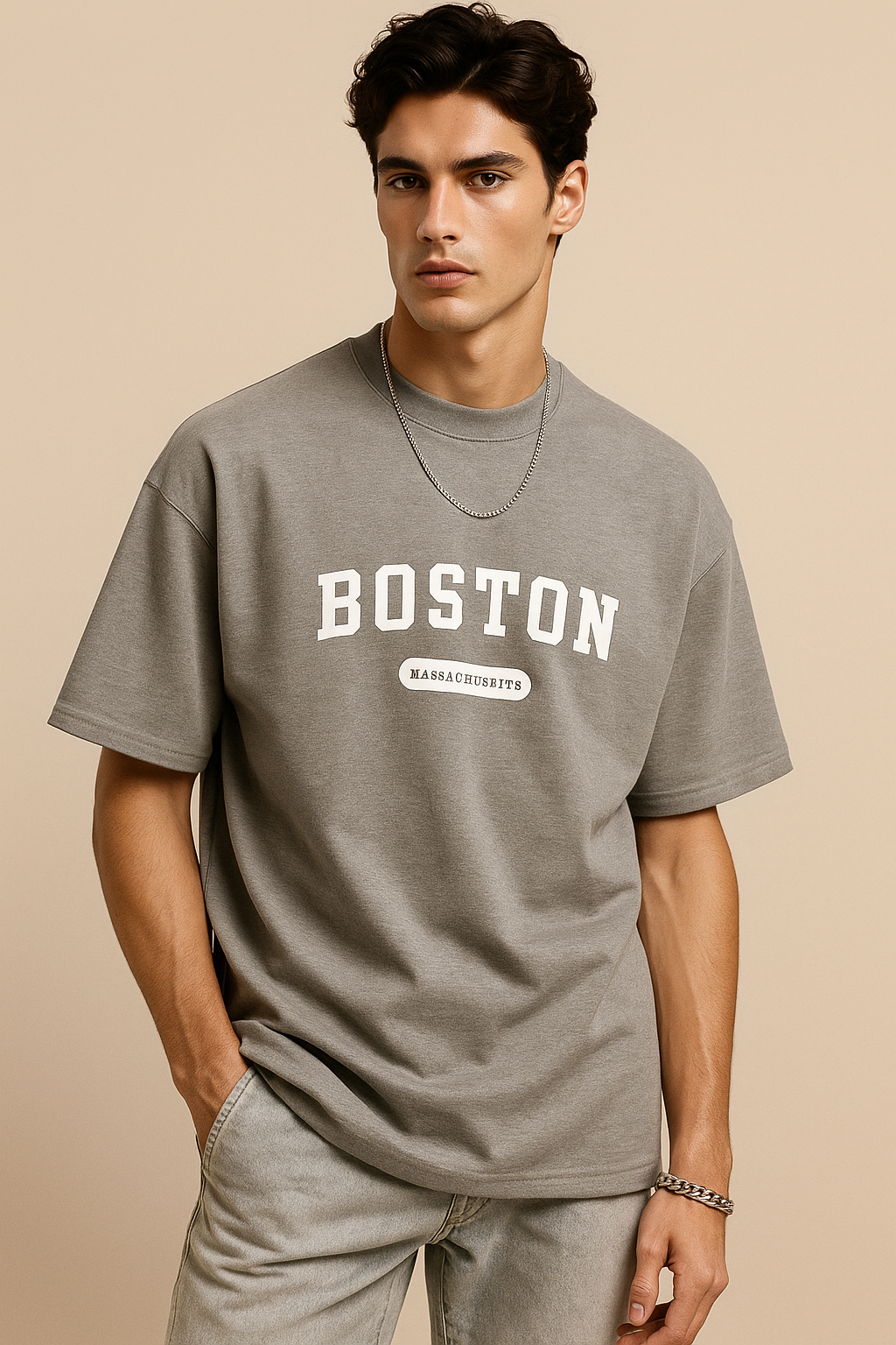 Men Printed Round Neck Cotton Blend Grey T-Shirt