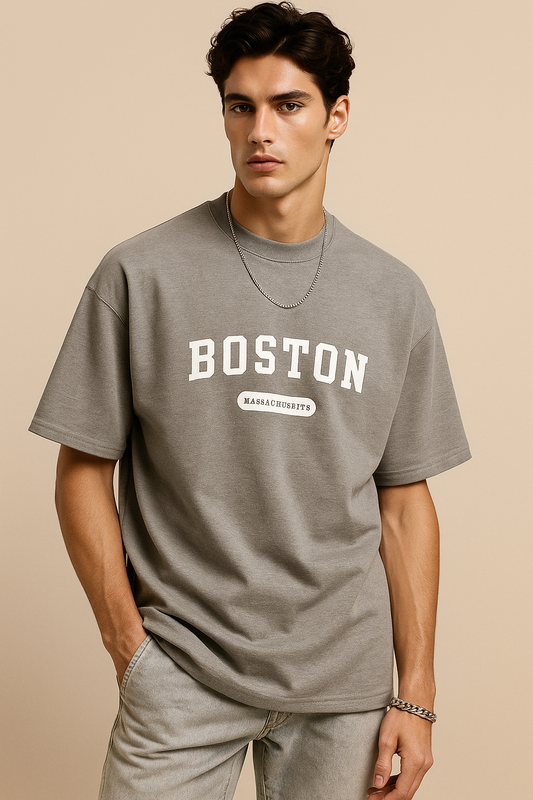 Men Printed Round Neck Cotton Blend Grey T-Shirt