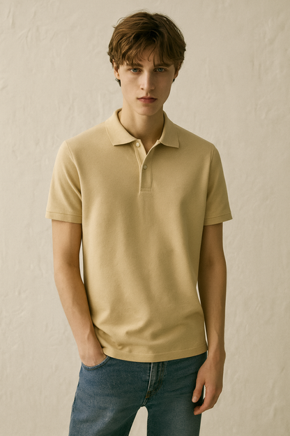 Men Solid Polo Neck Polyester Beige T-Shirt