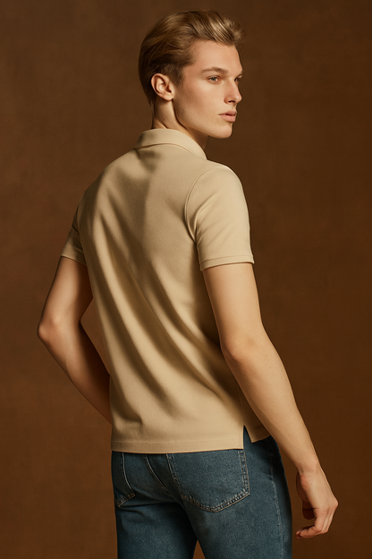 Men Solid Polo Neck Polyester Beige T-Shirt
